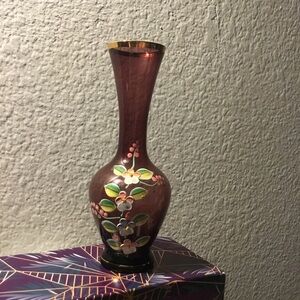 Vintage Kreiss Japan Bud Vase Purple Art Glass Gold Trim Hand Painted Flowers